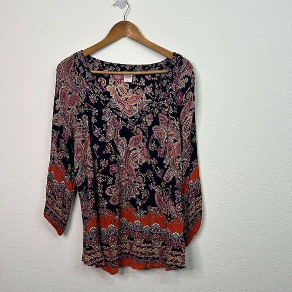 Bila Women’s Multicolor V Neck Paisley 3/4 Sleeve Boho Bohemian Top Size Large - Picture 1 of 13